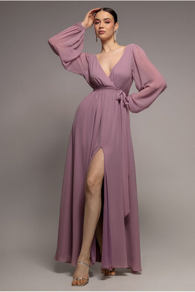 Sustainable Front Split Wrap Style Chiffon Maxi Dress - Dusty Lavender by Goddiva