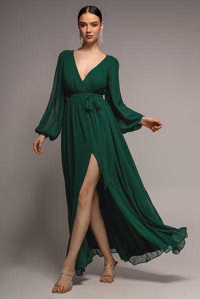 Green - Sustainable Front Split Wrap Style Chiffon Maxi Dress - Green by Goddiva