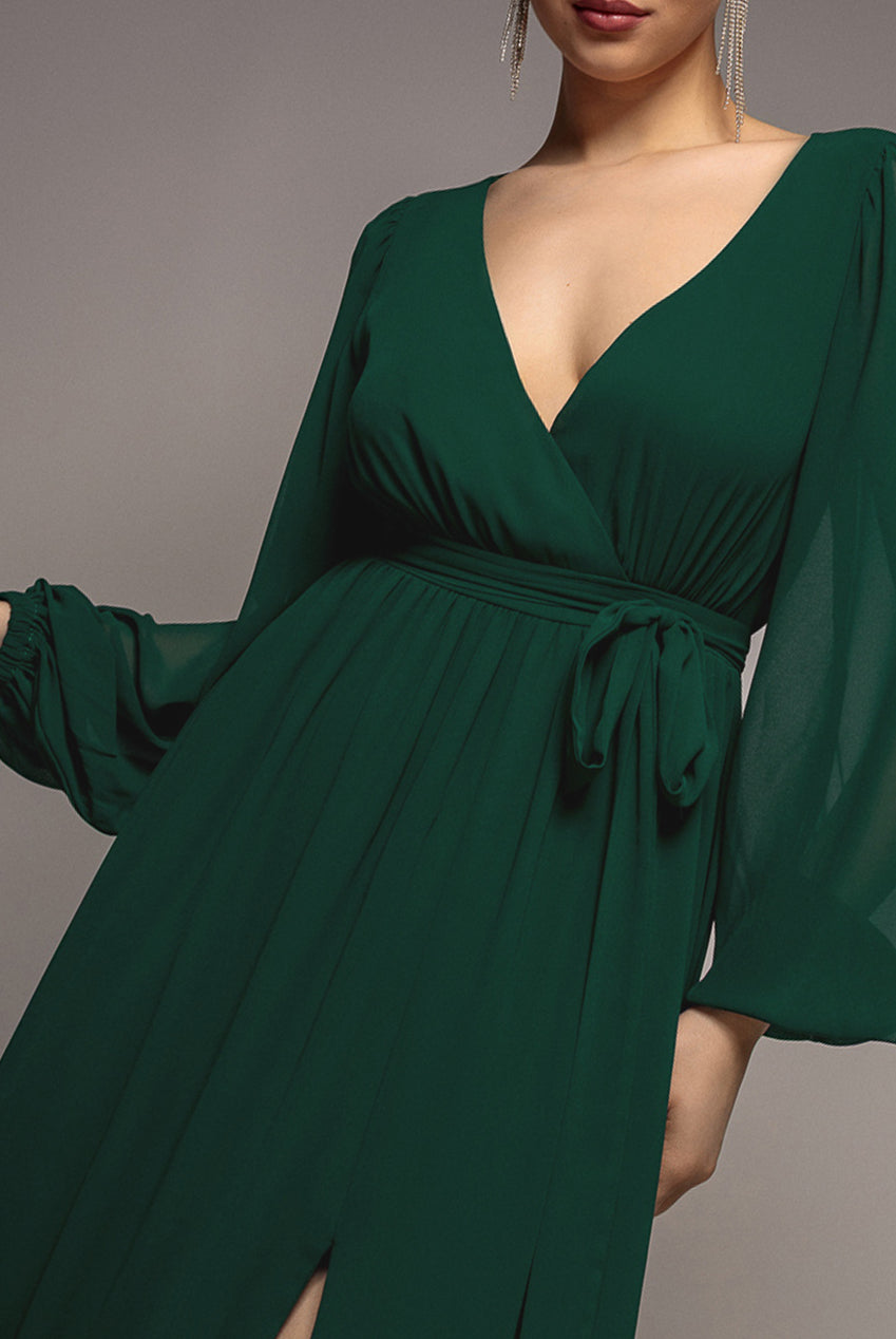 Sustainable Front Split Wrap Style Chiffon Maxi Dress - Green DR4314