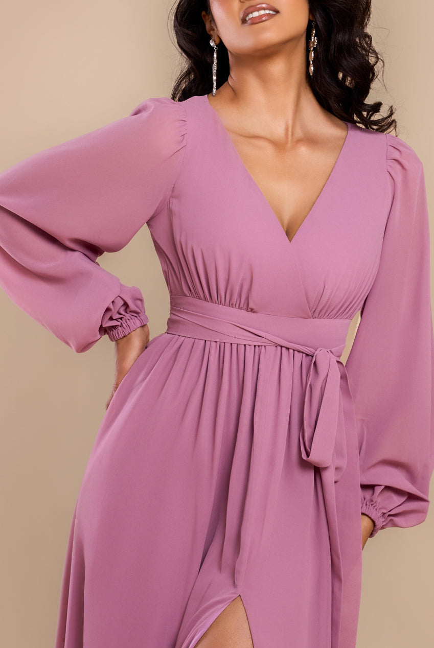 Sustainable Front Split Wrap Style Chiffon Maxi Dress - Dusty Lavender DR4314BBS
