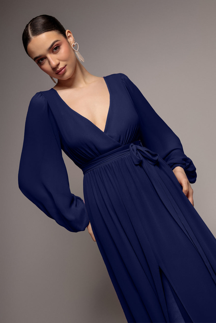 Sustainable Front Split Wrap Style Chiffon Maxi Dress - Navy Blue DR4314BBS