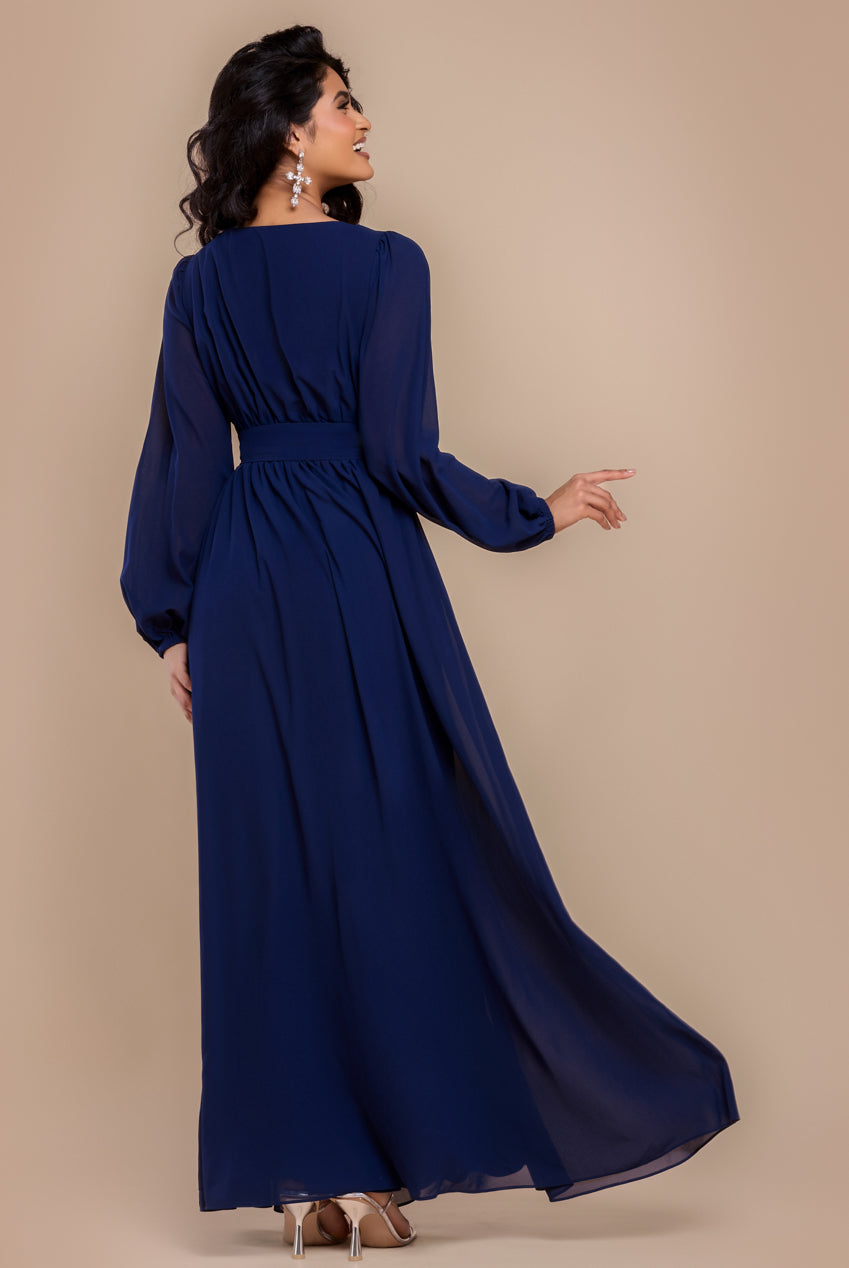 Sustainable Front Split Wrap Style Chiffon Maxi Dress - Navy Blue DR4314BBS