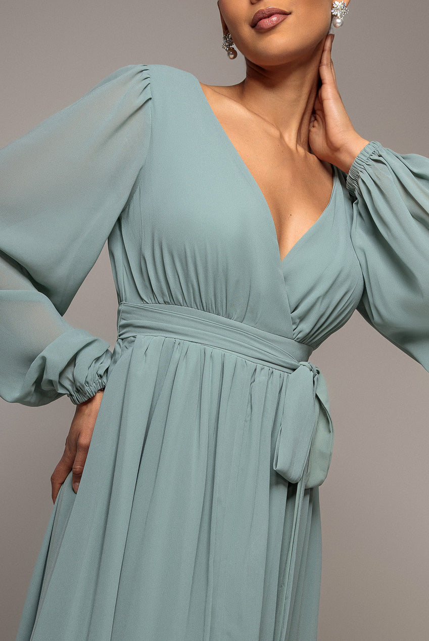 Sustainable Front Split Wrap Style Chiffon Maxi Dress - Sage Green DR4314BBS