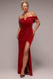 Off The Shoulder Front Split Velvet Maxi Dress - Red by Goddiva