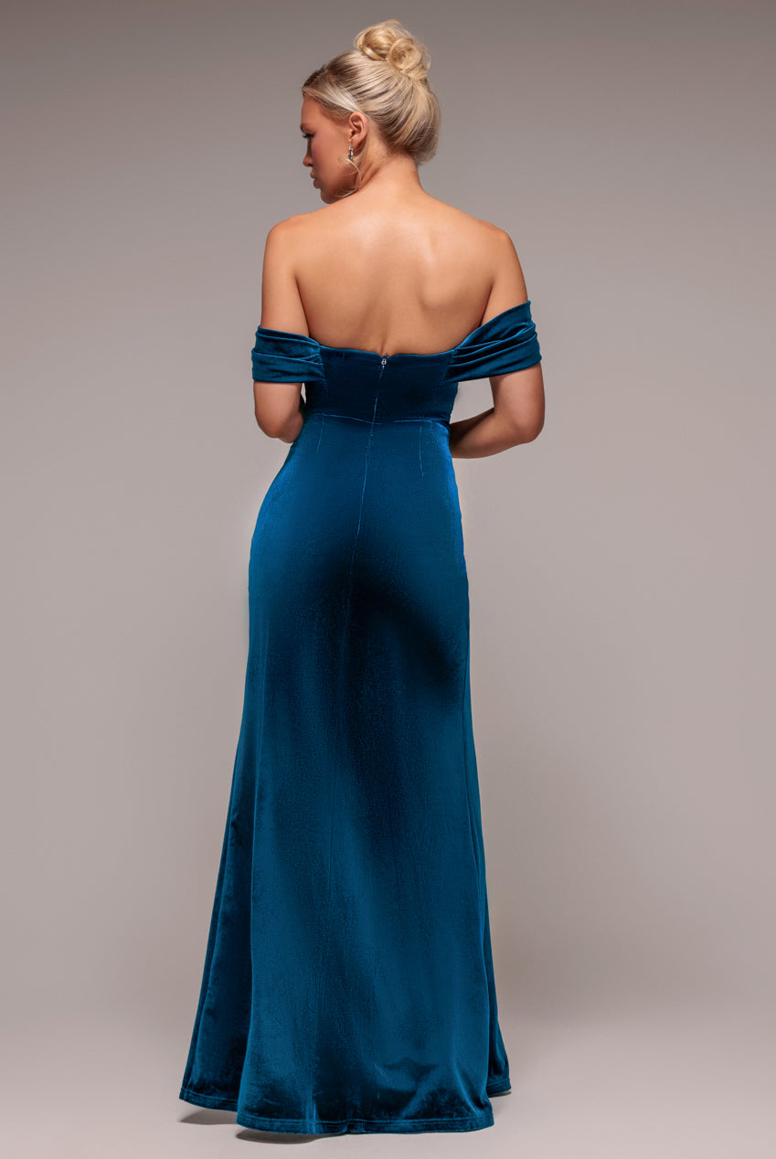 Off The Shoulder Front Split Velvet Maxi Dress - Teal DR4318