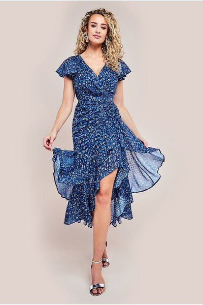 Navy - Printed Wrap High And Low Midaxi Dress - Navy by Goddiva