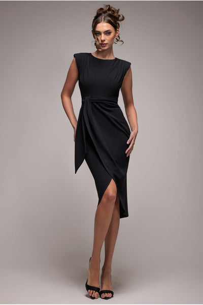 Black - Sleeveless Asymmetric Wrap Midi Dress - Black by Goddiva