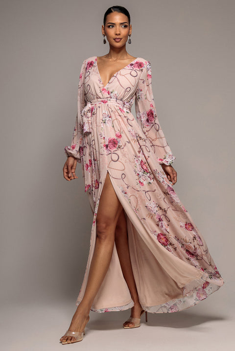 Wrap Front Slit Floral Maxi Dress - Latte by Goddiva