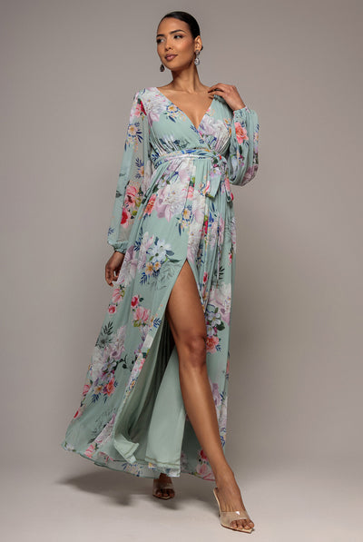 Sage Green - Wrap Front Slit Floral Maxi Dress - Sage Green by Goddiva