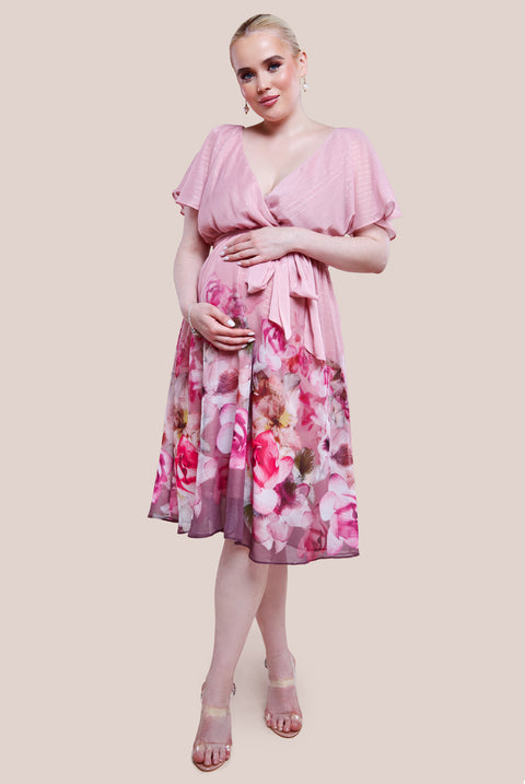 Maternity Chiffon Lurex Floral Border Print Midi Dress - Blush DR4331MAT