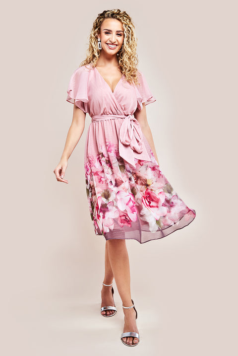 Chiffon Lurex Floral Border Print Midi Dress - Blush DR4331