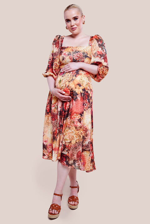 Maternity Puff Sleeve Printed Shirred Back Midi Dress - Orange DR4332MAT