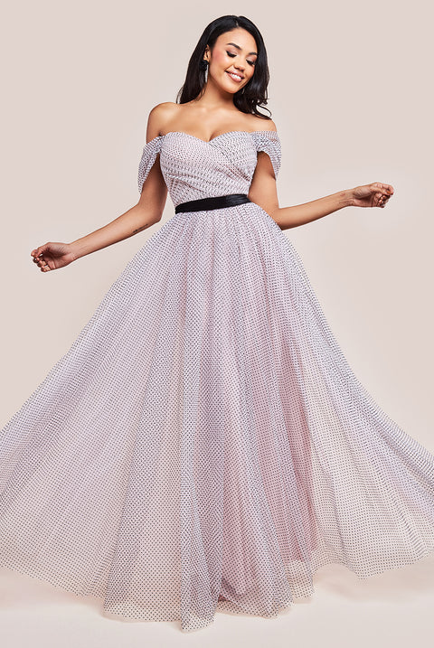 Dobby Mesh Off The Shoulder Princess Maxi Dress - Blush DR4308