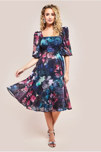 Black - Puff Sleeve Shirred Back Midi Dress - Black by Goddiva