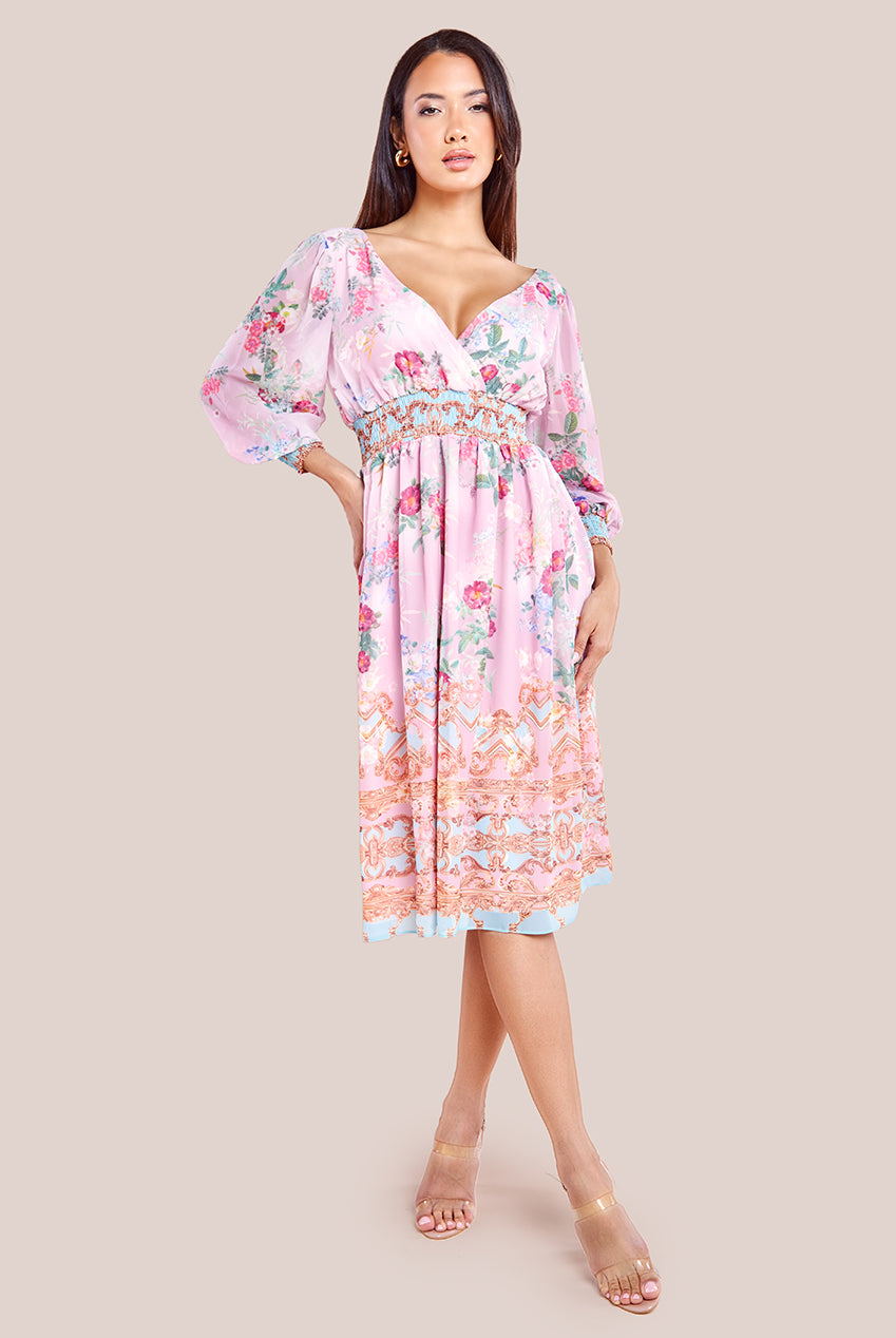 Chiffon Wrap Border Floral Print Midi Dress - Pink DR4333