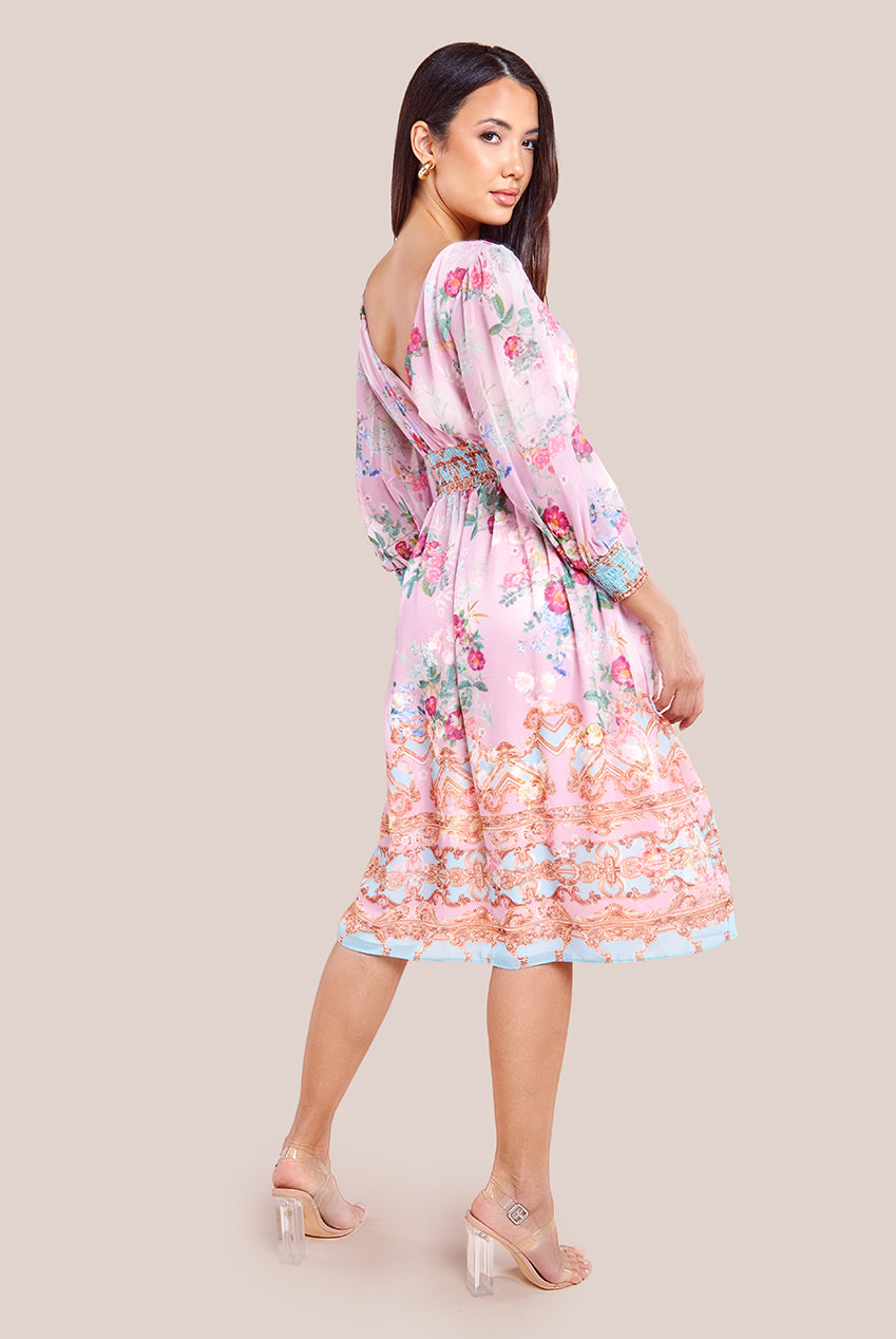 Chiffon Wrap Border Floral Print Midi Dress - Pink DR4333