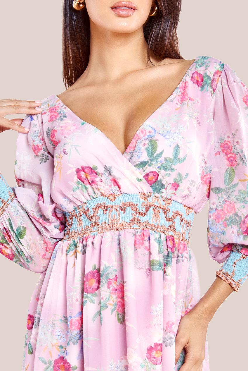 Chiffon Wrap Border Floral Print Midi Dress - Pink DR4333