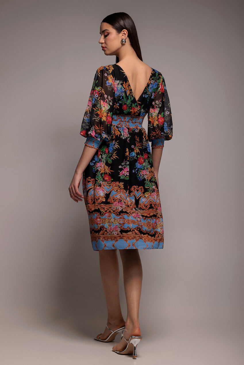 Chiffon Wrap Border Floral Print Midi Dress - Black DR4333