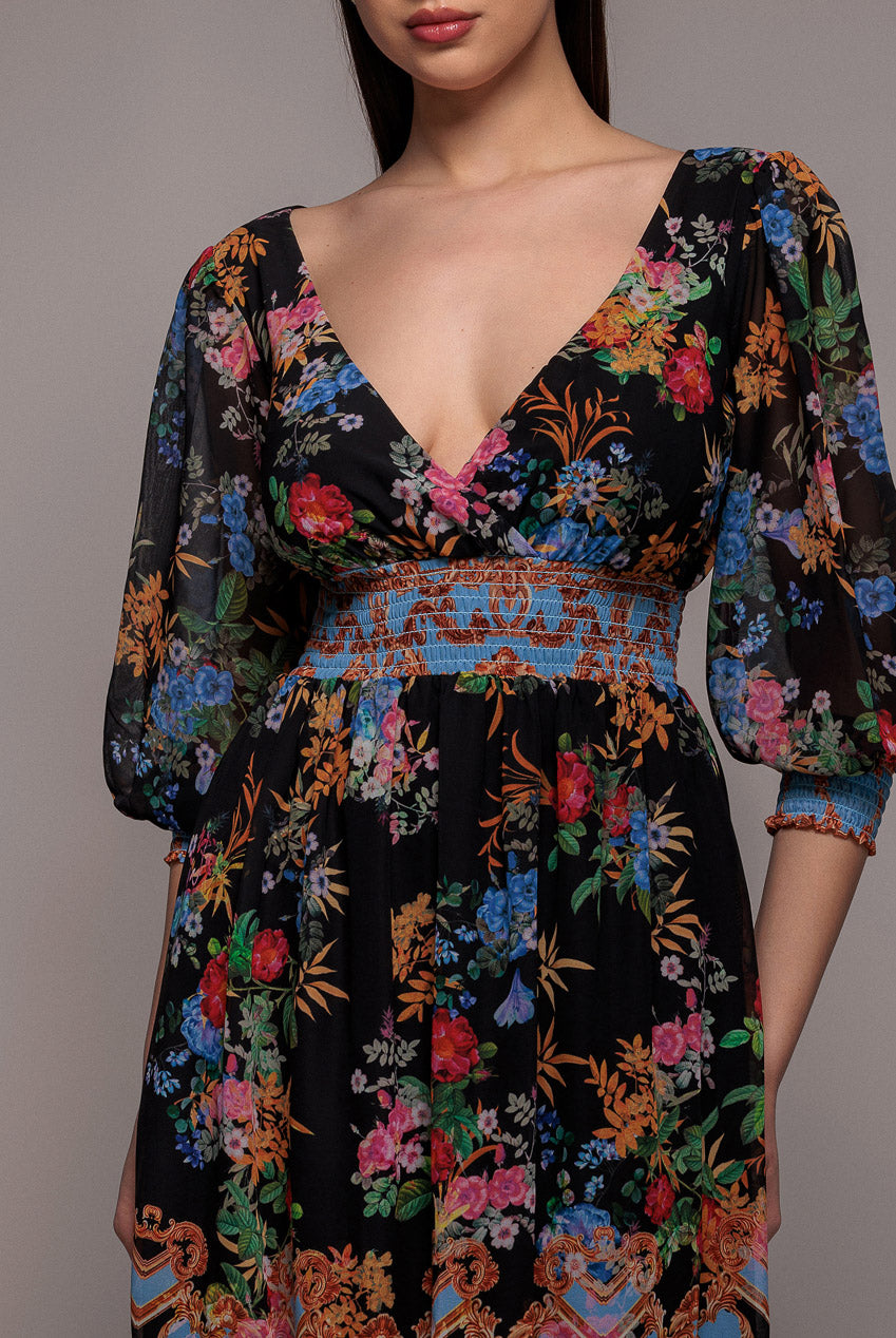 Chiffon Wrap Border Floral Print Midi Dress - Black DR4333