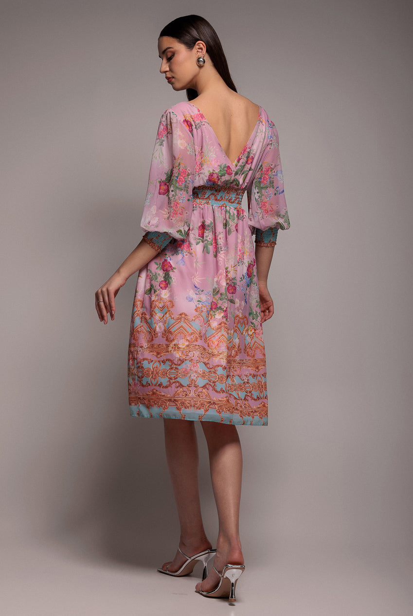 Chiffon Wrap Border Floral Print Midi Dress - Pink DR4333