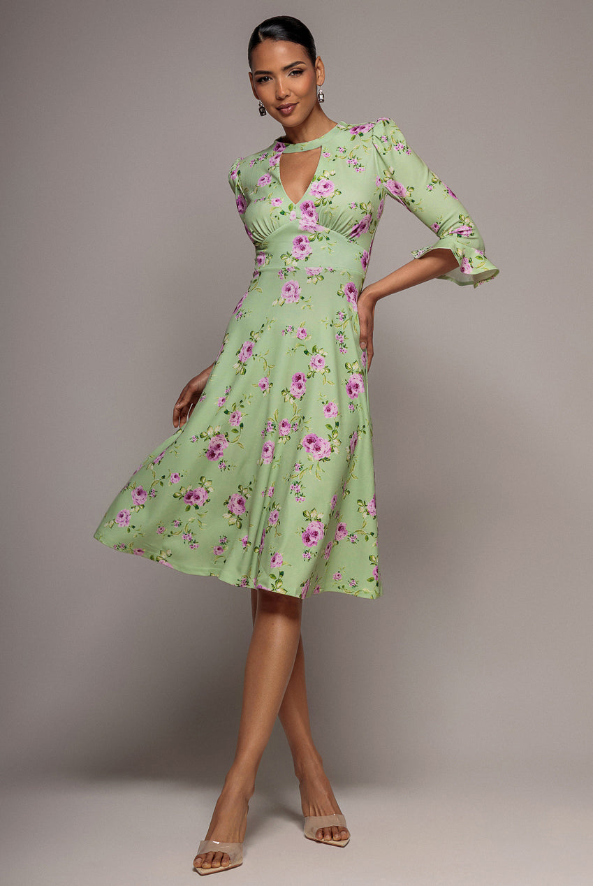 Floral Printed Flared Sleeve Midi - Sage Green DR4345