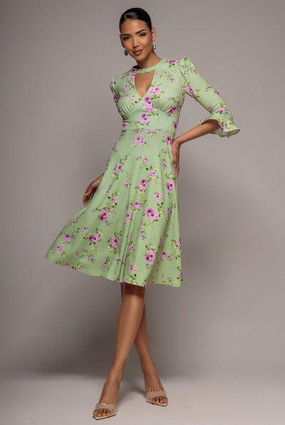 Floral Printed Flared Sleeve Midi - Sage Green by Goddiva
