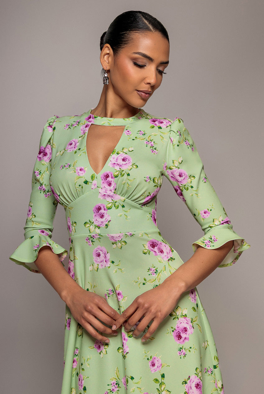 Floral Printed Flared Sleeve Midi - Sage Green DR4345