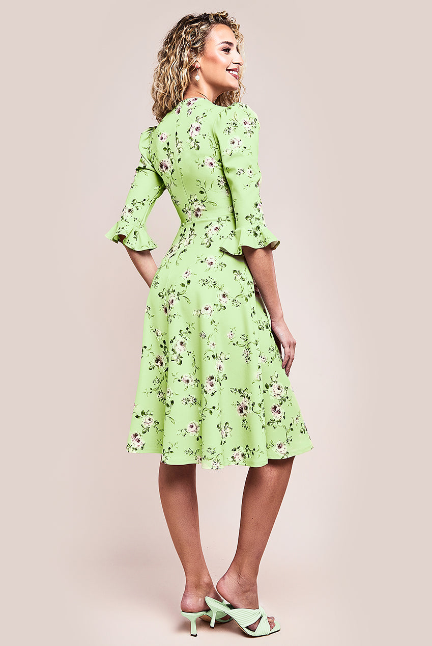 Floral Printed Flared Sleeve Midi - Sage Green DR4345