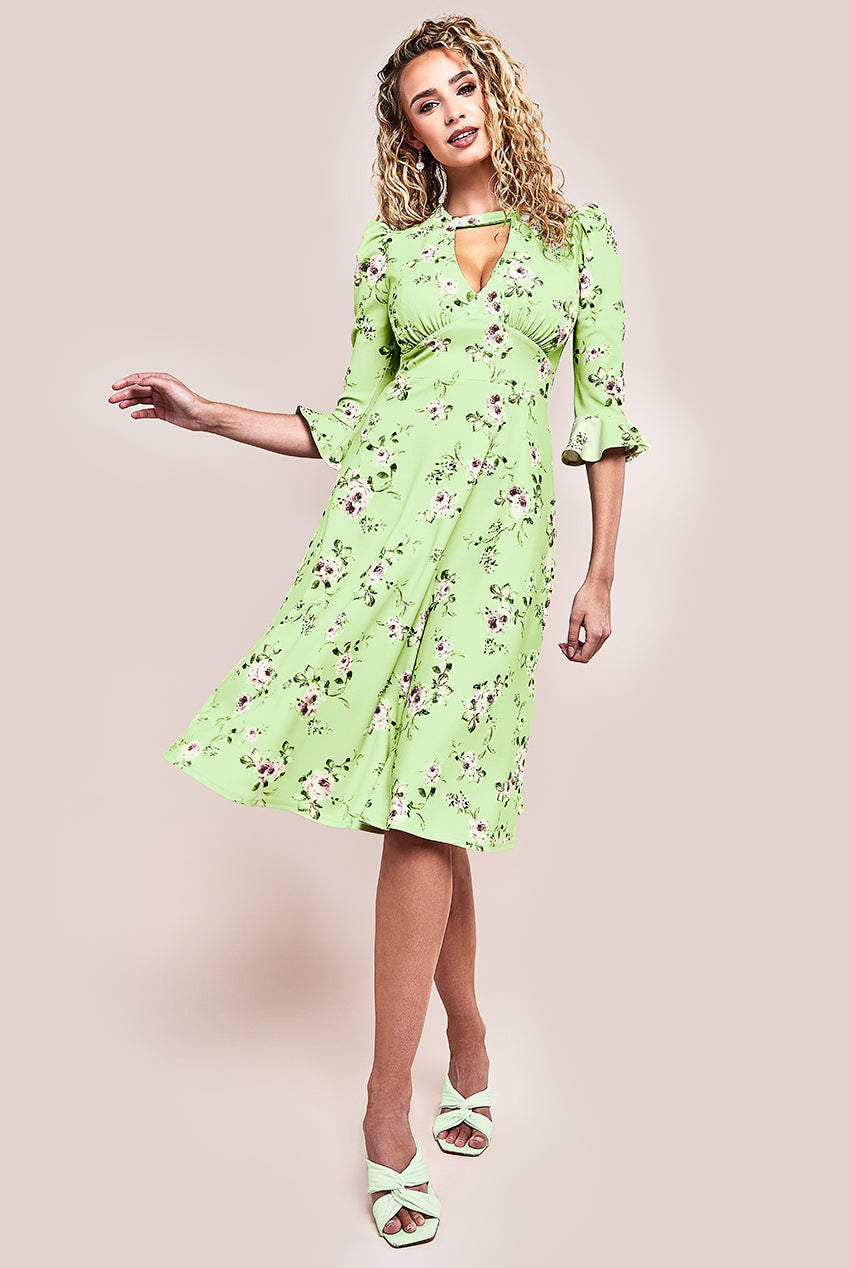 Floral Printed Flared Sleeve Midi - Sage Green DR4345