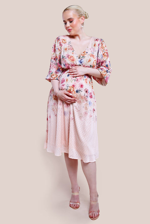 Maternity Ombre Floral Printed Wrap Midi Dress - Ivory DR4349MAT