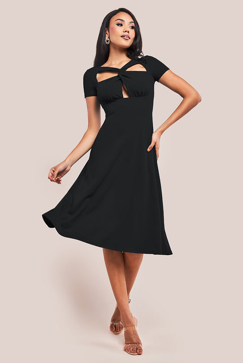 Scuba Crepe Twist Cutout Midi Dress - Black DR4351