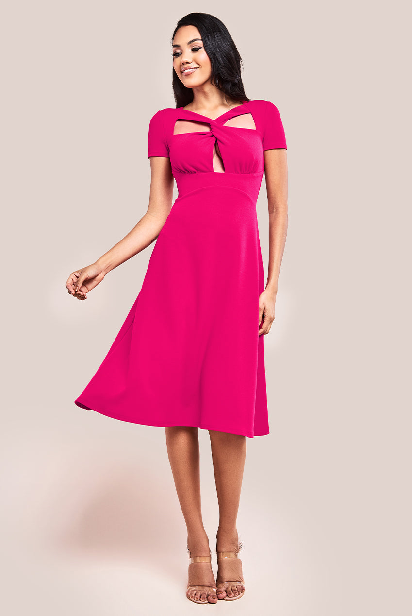Scuba Crepe Twist Cutout Midi Dress - Hot Pink DR4351
