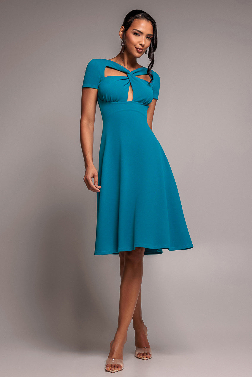 Scuba Crepe Twist Cutout Midi Dress - Teal Blue DR4351