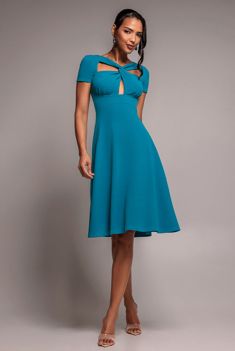 Scuba Crepe Twist Cutout Midi Dress - Teal Blue by Goddiva