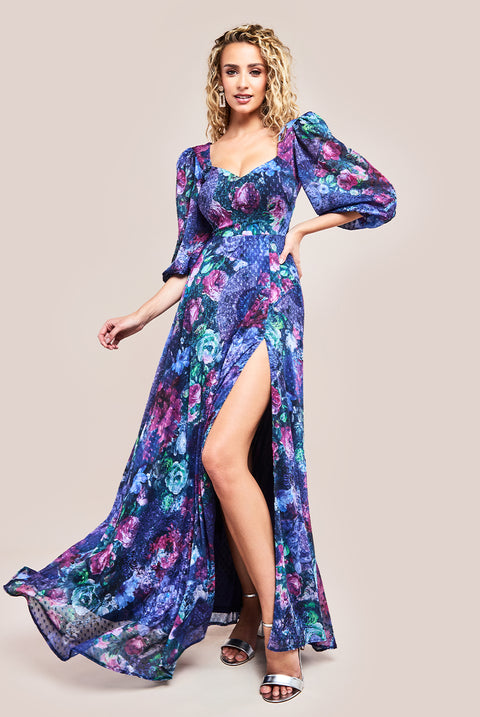 Printed Shirred Back Maxi Dress - Navy DR4353