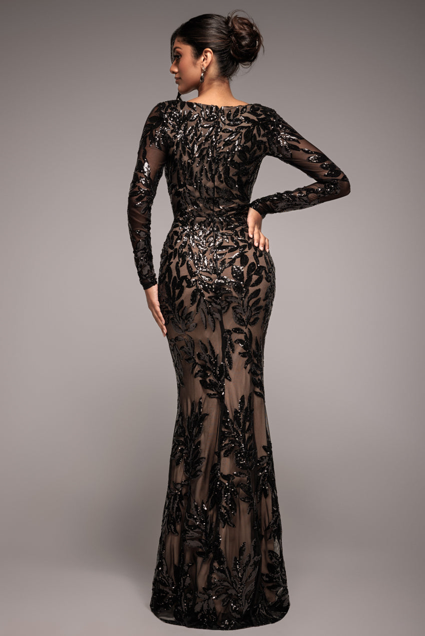 Sequin Leaf Long Sleeve Maxi Dress - Black DR4359