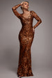 Sequin Leaf Long Sleeve Maxi Dress - Bronze by Goddiva