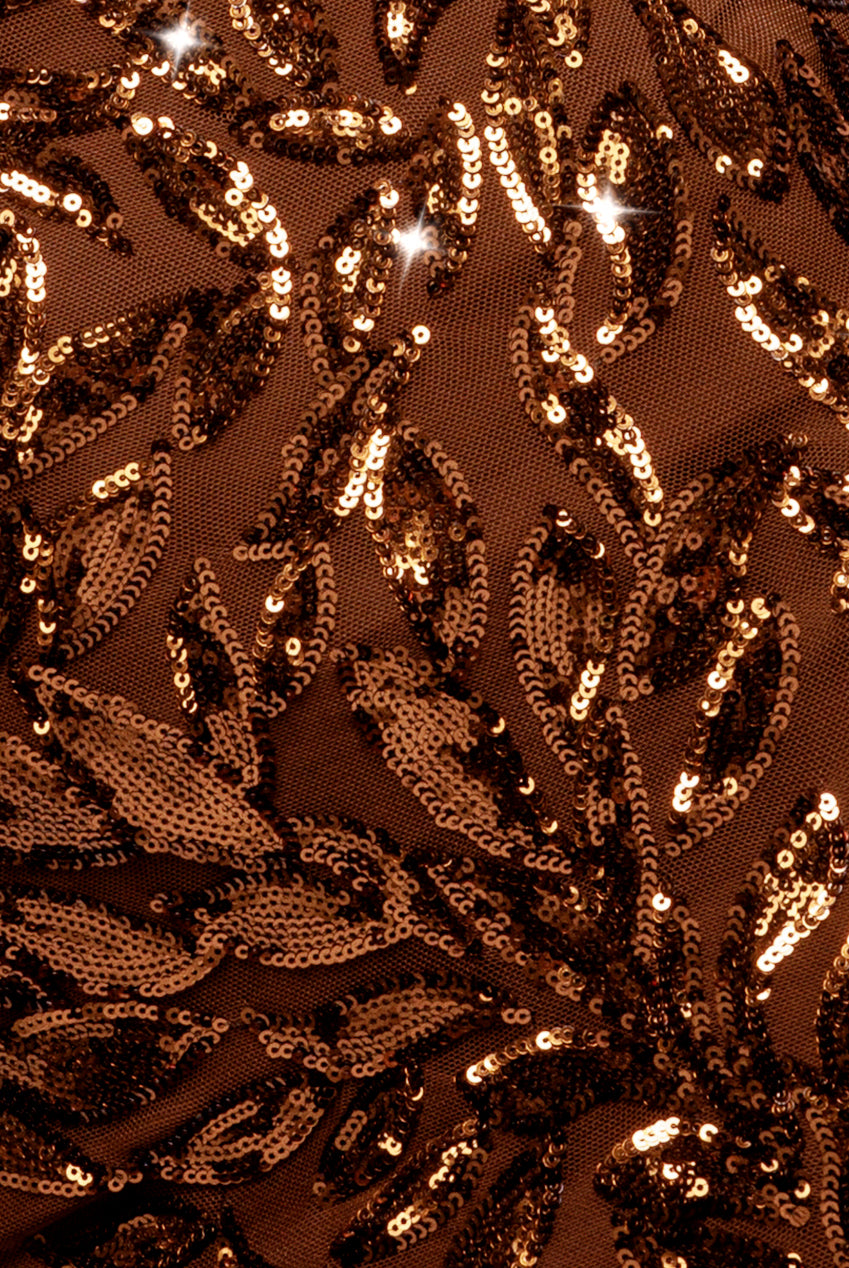 Sequin Leaf Long Sleeve Maxi Dress - Bronze DR4359