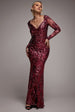 Sequin Leaf Long Sleeve Maxi Dress - Burgundy by Goddiva