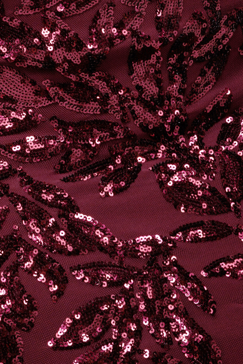 Sequin Leaf Long Sleeve Maxi Dress - Burgundy DR4359