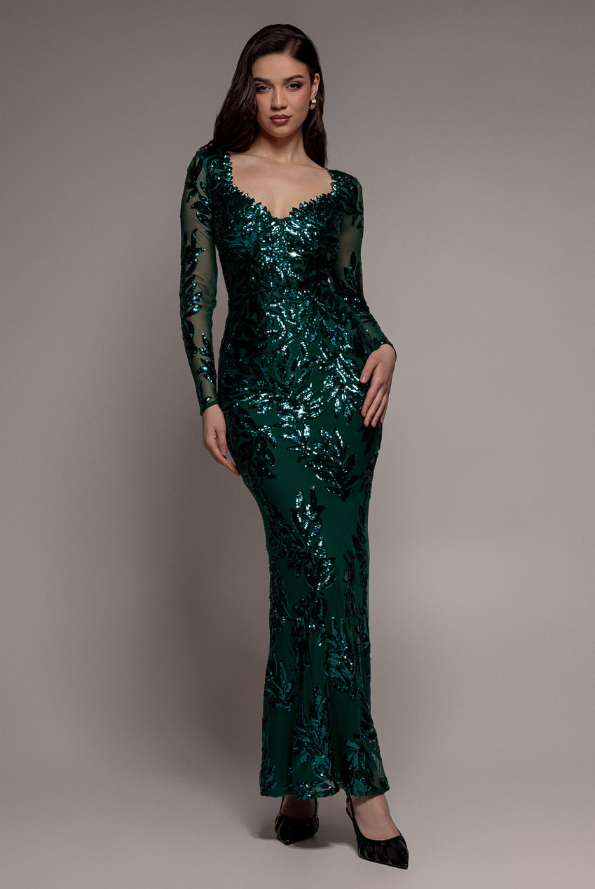 Sequin Leaf Long Sleeve Maxi Dress - Emerald Green DR4359