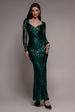 Sequin Leaf Long Sleeve Maxi Dress - Emerald Green by Goddiva