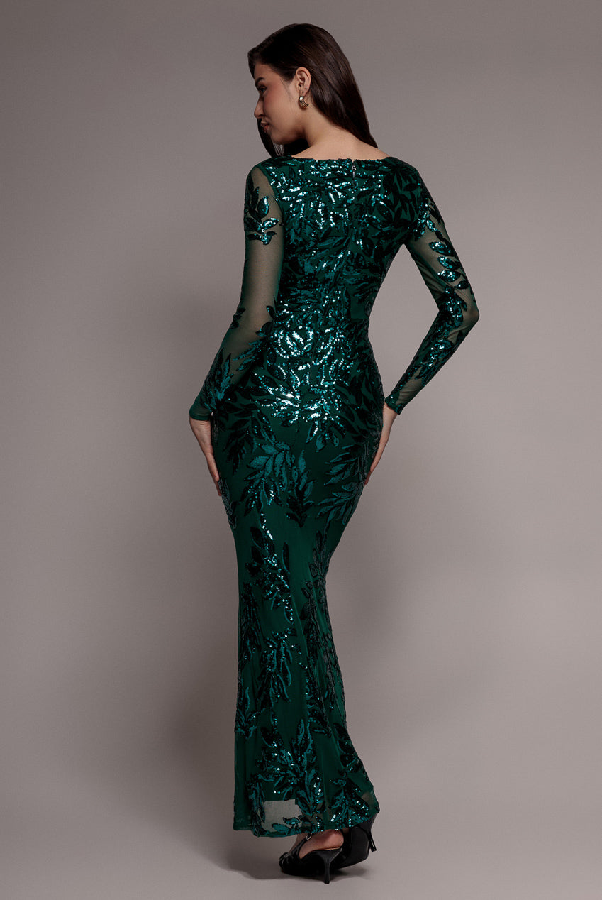 Sequin Leaf Long Sleeve Maxi Dress - Emerald Green DR4359