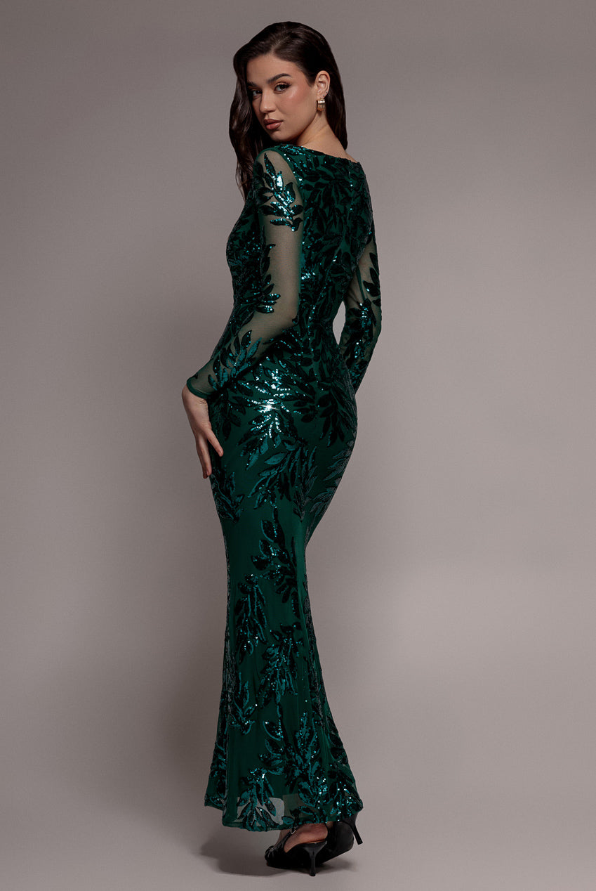 Sequin Leaf Long Sleeve Maxi Dress - Emerald Green DR4359