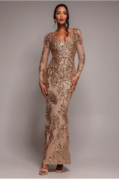 Sequin Leaf Long Sleeve Maxi Dress - Gold | Goddiva Sequin Leaf Long Sleeve Maxi Dress - Gold | Goddiva