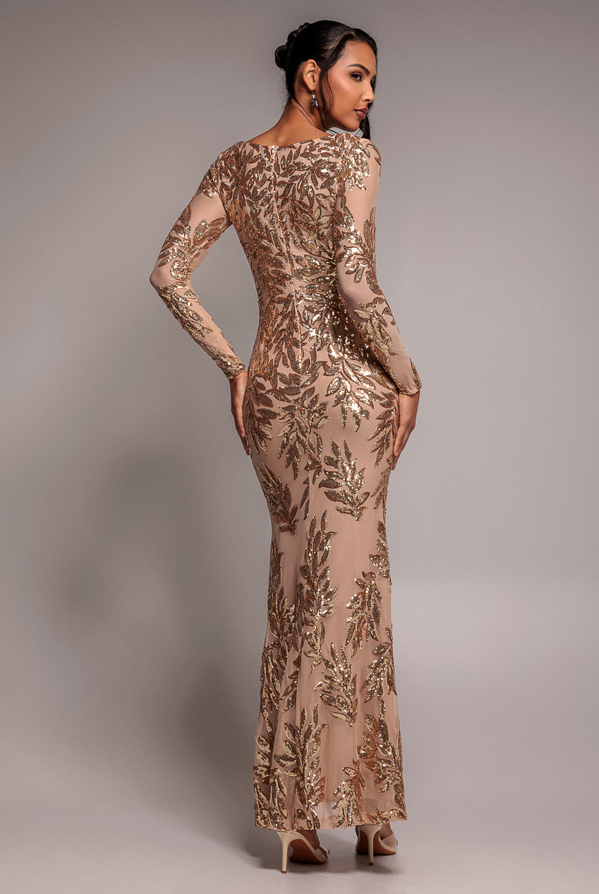 Sequin Leaf Long Sleeve Maxi Dress - Gold DR4359