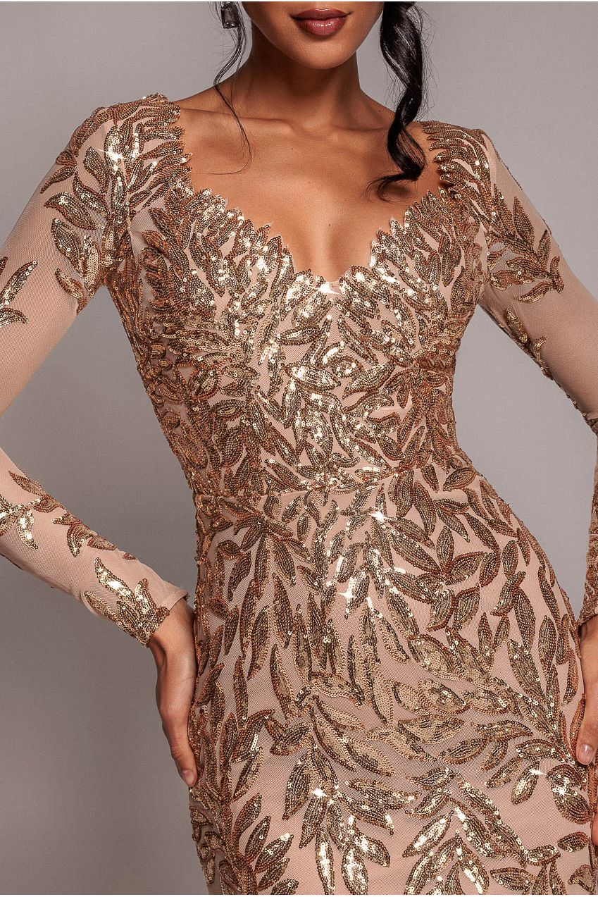 Sequin Leaf Long Sleeve Maxi Dress - Gold | Goddiva Sequin Leaf Long Sleeve Maxi Dress - Gold | Goddiva