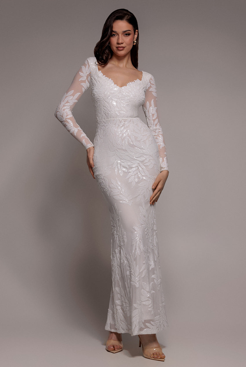 Sequin Leaf Long Sleeve Maxi Dress - White DR4359