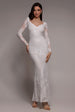 Sequin Leaf Long Sleeve Maxi Dress - White by Goddiva