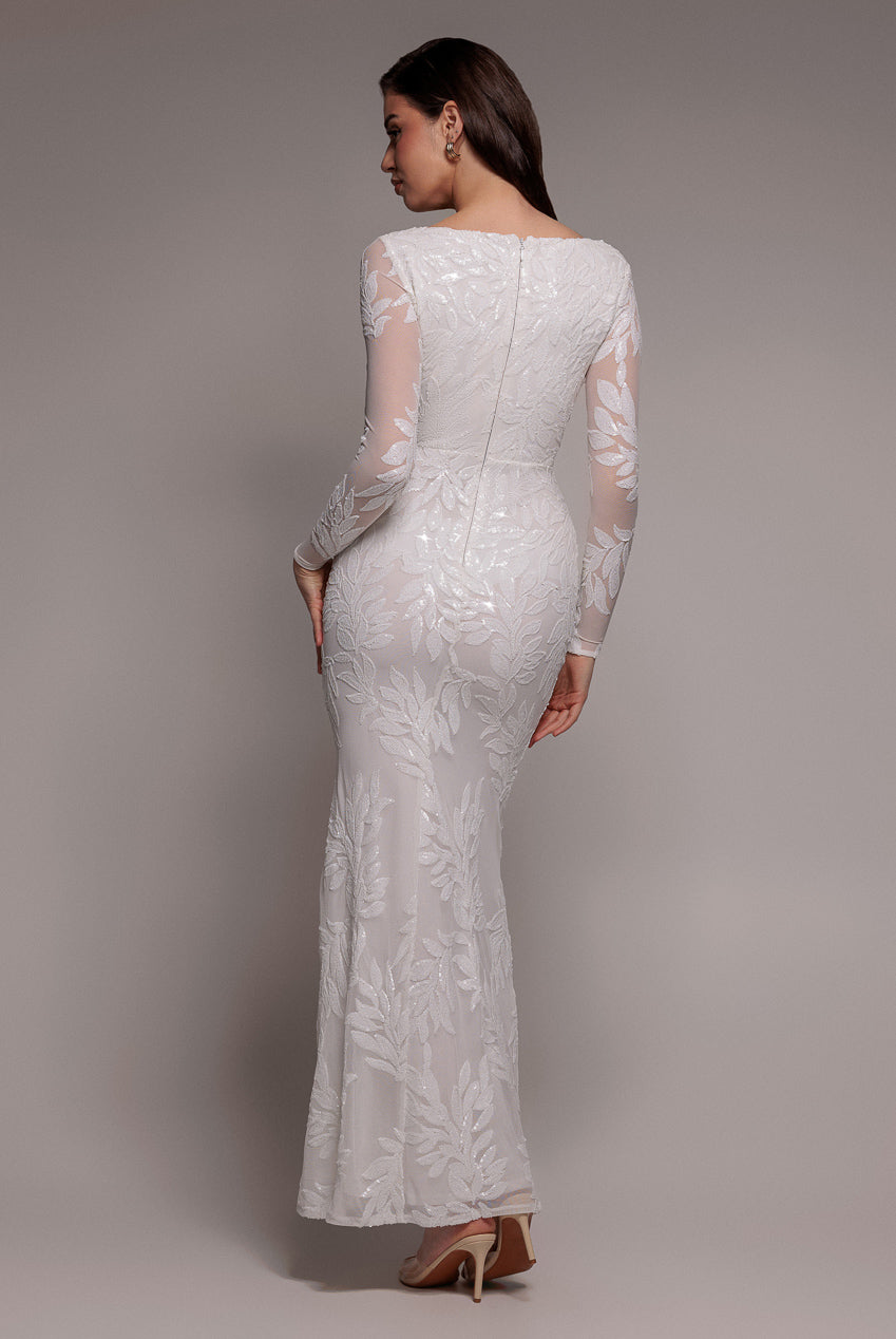 Sequin Leaf Long Sleeve Maxi Dress - White DR4359